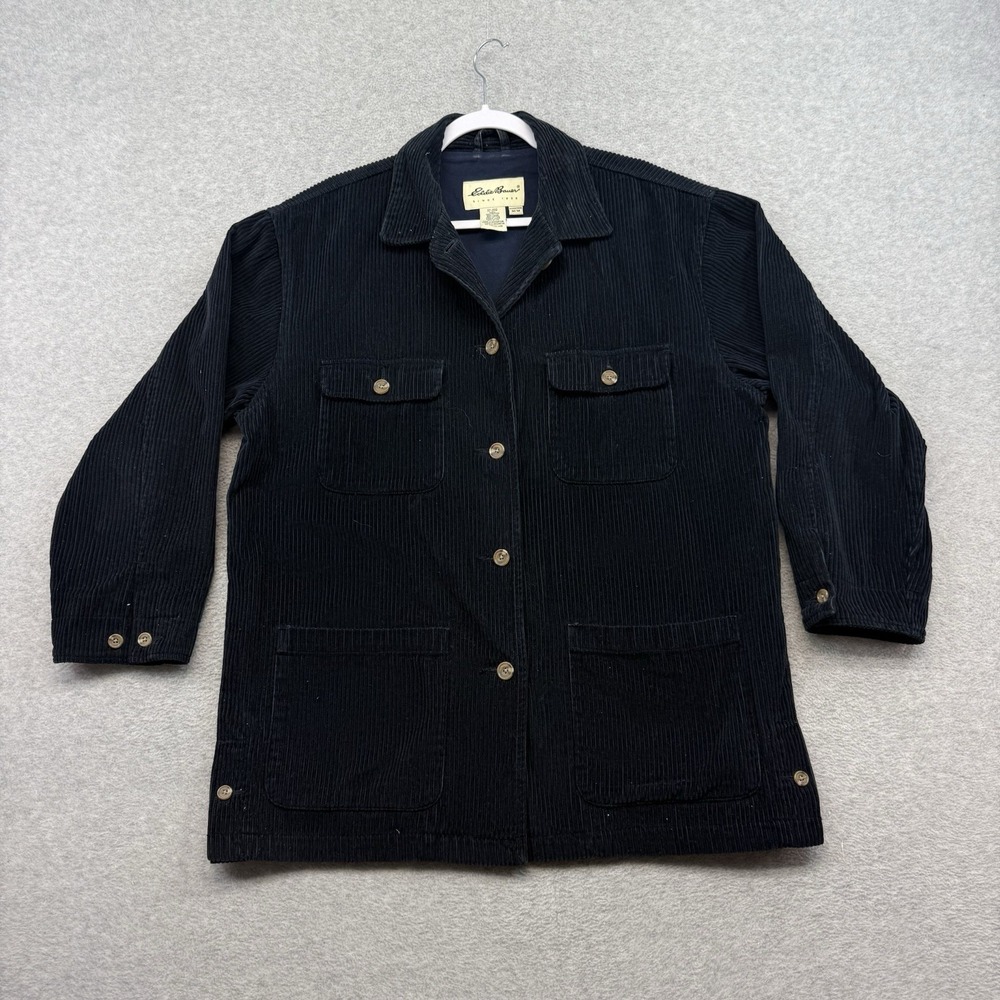 Vintage Eddie Bauer Jacket Womens M Navy Blue Corduroy Chore Barn Coat Button